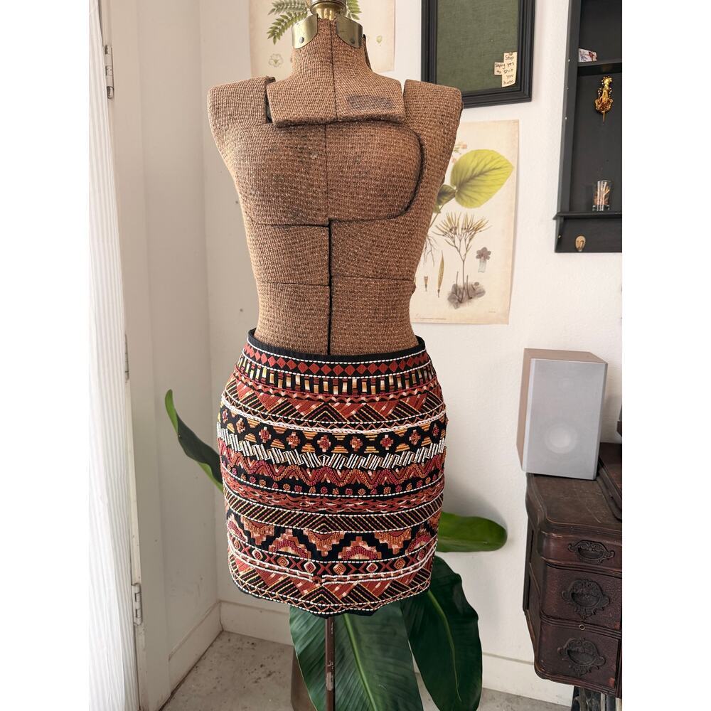 H&M Embroidered Beaded Mini Skirt Size 4 Boho Festival Aztec Tribal Western - Picture 2 of 6